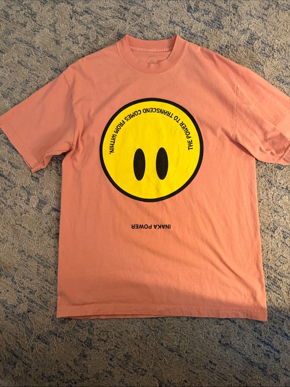 Inaka Power Peach Short Sleeve Tee with Yellow Smiley Graphic